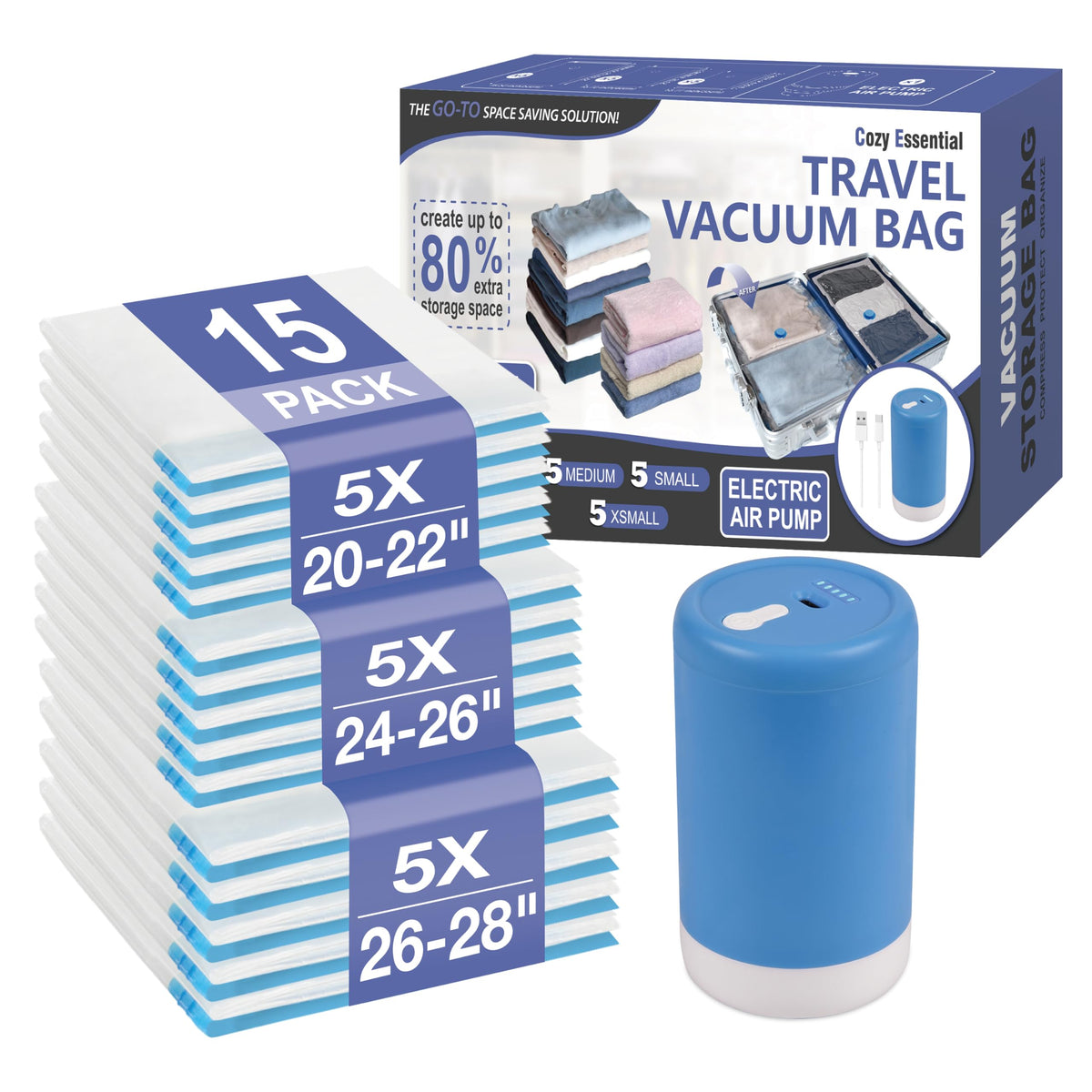 Cozy Essential travel vacuum bags and cordless pump in action for fast compression