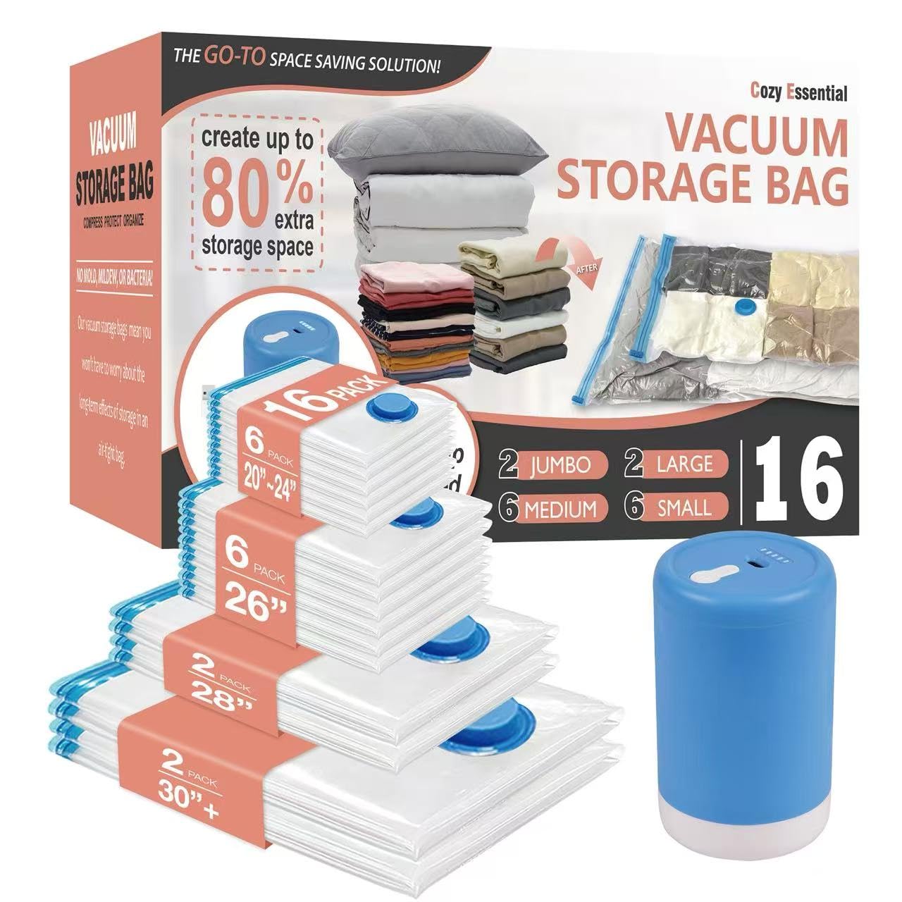 Cozy Essential travel vacuum bags with pump for compact carry-on packing and rapid compression.