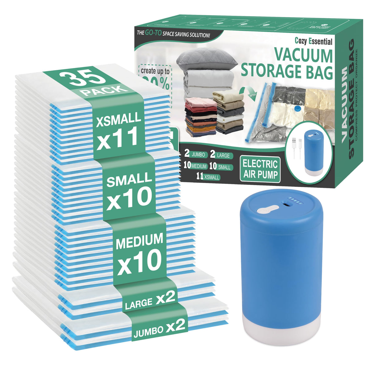Cozy Essential travel vacuum bags and pump for fast, compact luggage packing