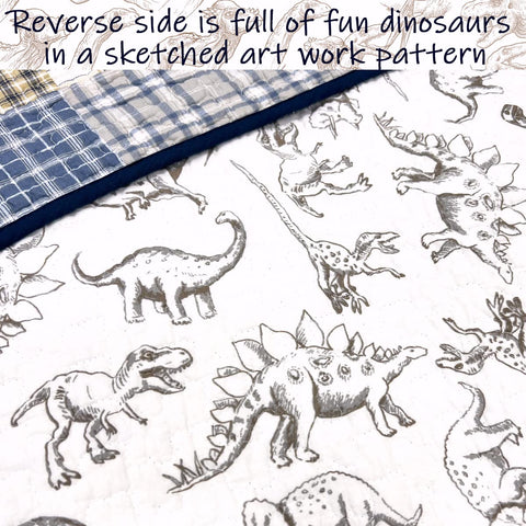 Room setup shows Cozy Line Benjamin dinosaur quilt on a twin bed