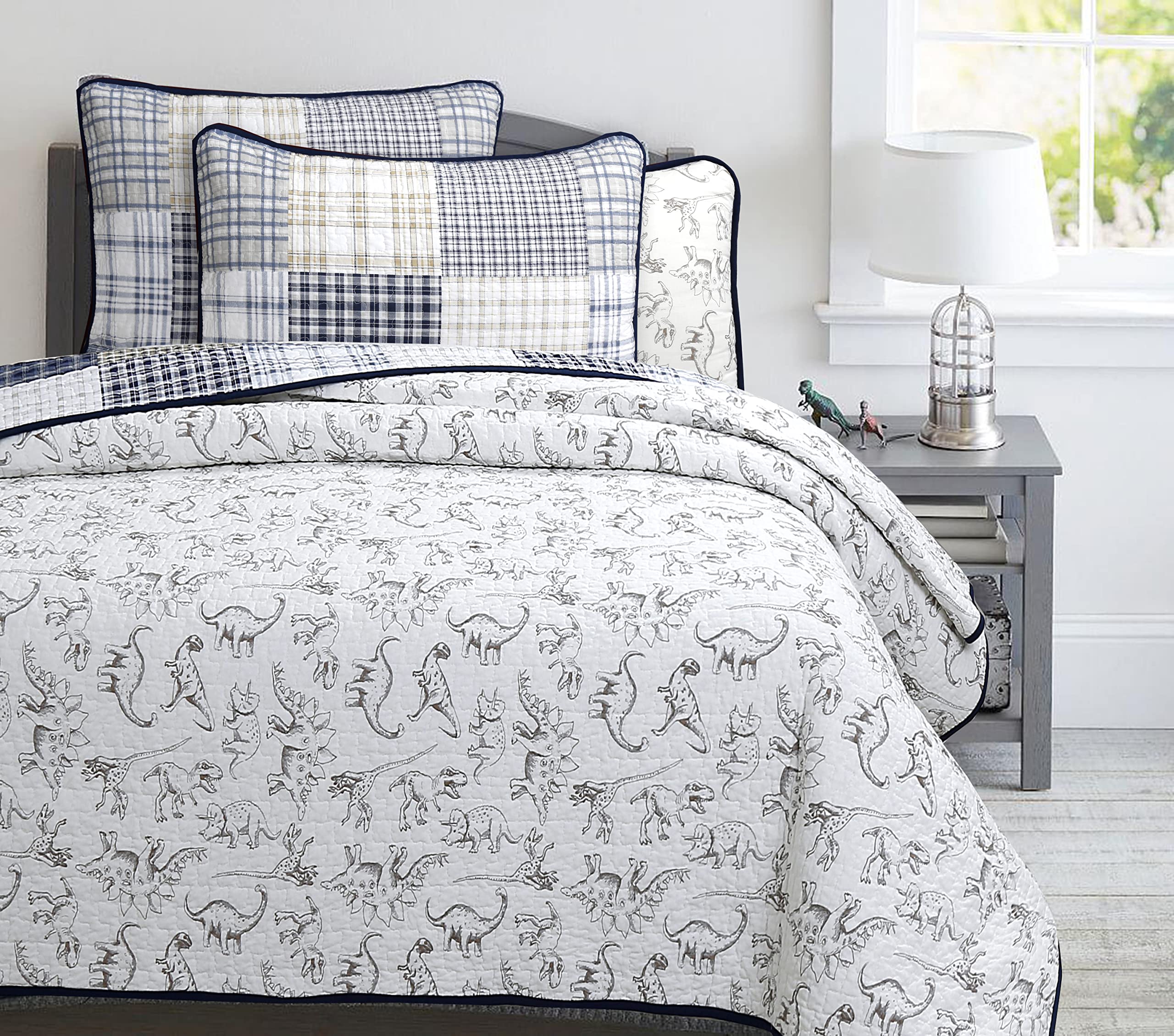 Cozy Line Benjamin dinosaur quilt queen fabric details highlight soft cotton and breathability.