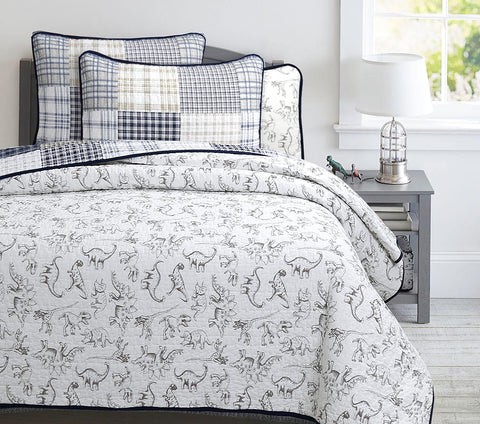 Cozy Line Benjamin dinosaur quilt queen fabric details highlight soft cotton and breathability.