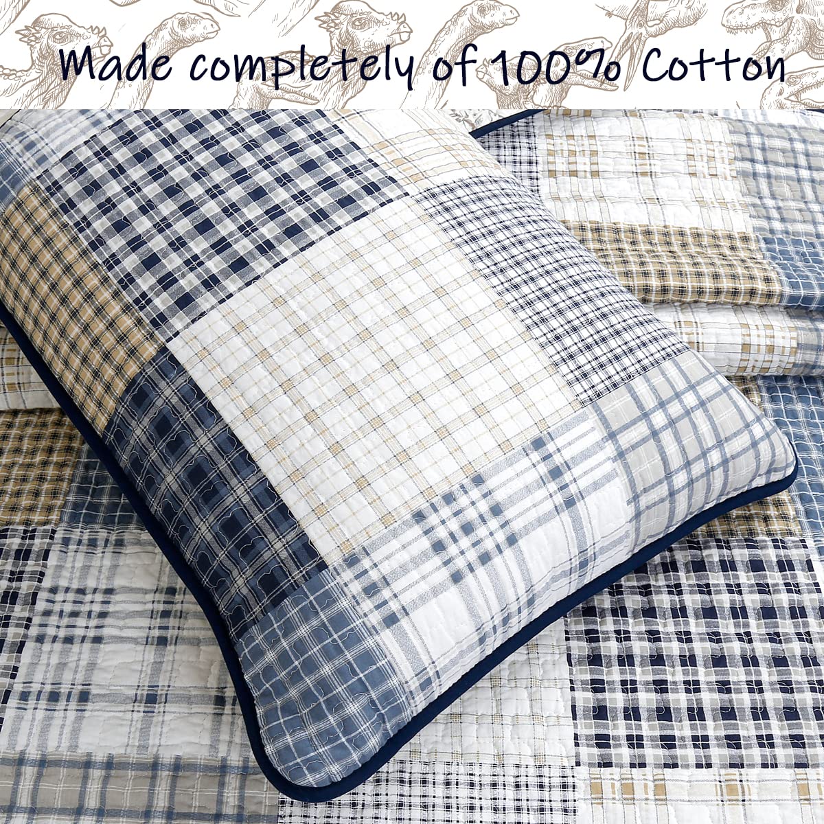 Cozy Line Benjamin dinosaur quilt queen room setup demonstrates kid-friendly styling ideas.