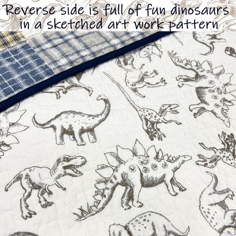 Cozy Line Benjamin dinosaur quilt queen shams close-up showing durable stitching.