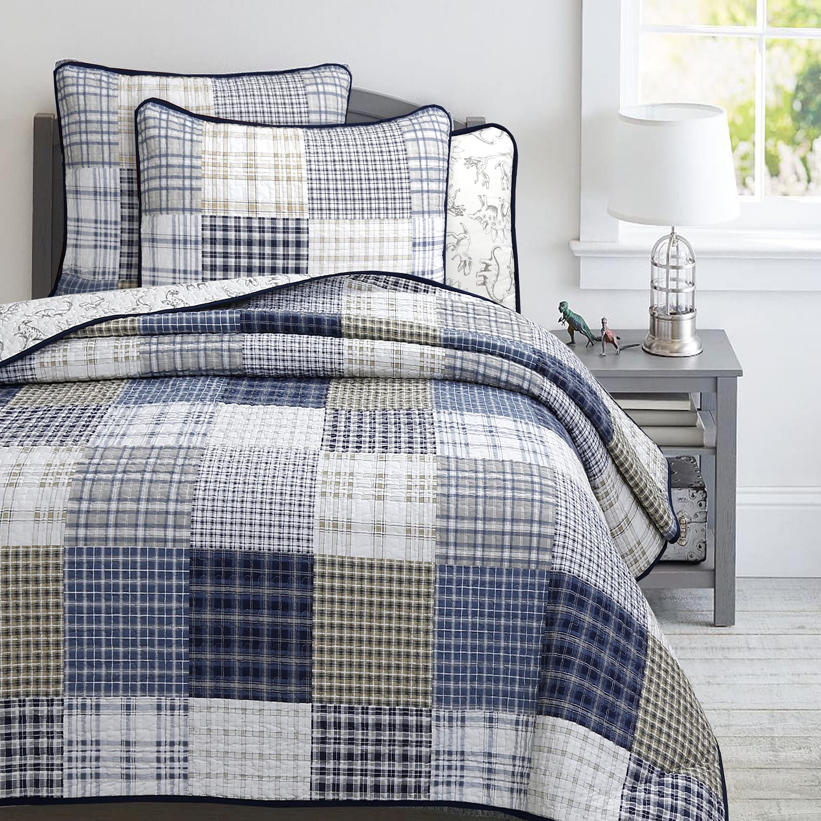 Benjamin dinosaur quilt reversible print and solid color option for quick room refresh