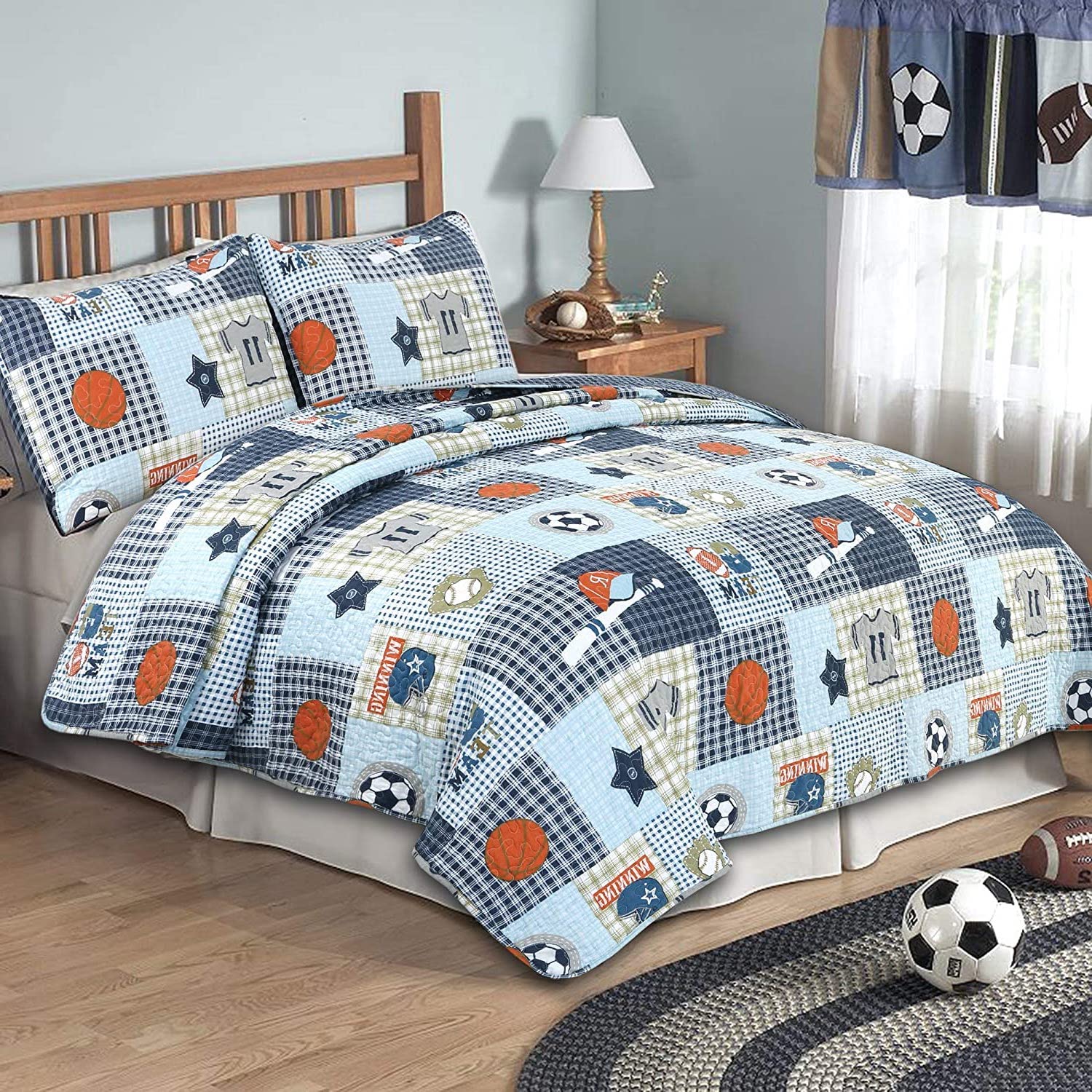 Cozy Line Blue Sports Quilt twin size with baseball and basketball motifs for boys.