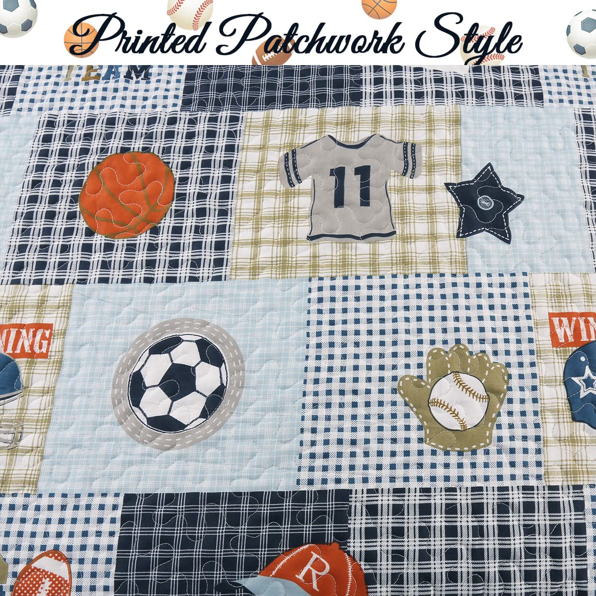 Close-up of soft microfiber fabric on Cozy Line Blue Sports Quilt.