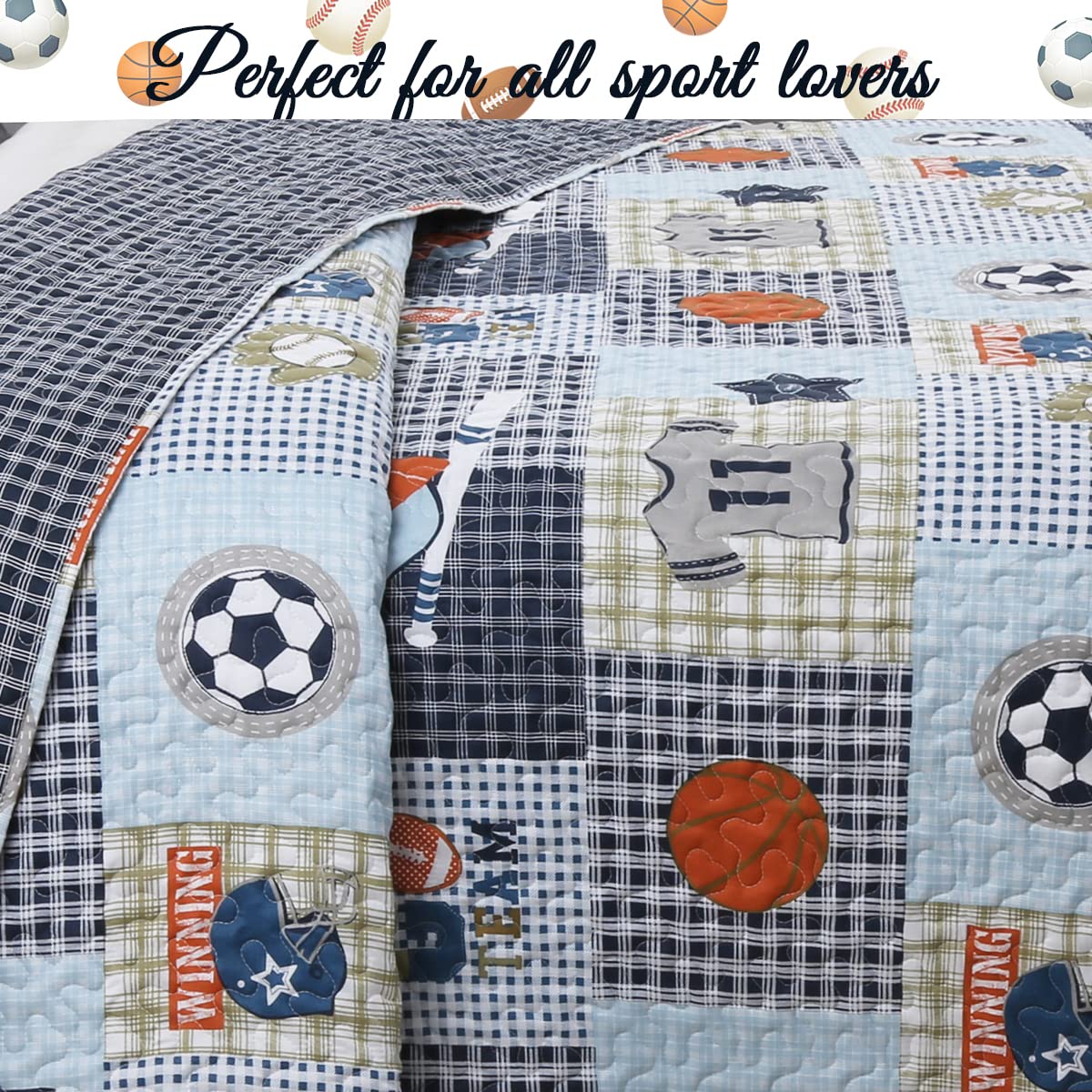 Cozy Line Blue Sports Quilt reversible design provides versatile room styling.