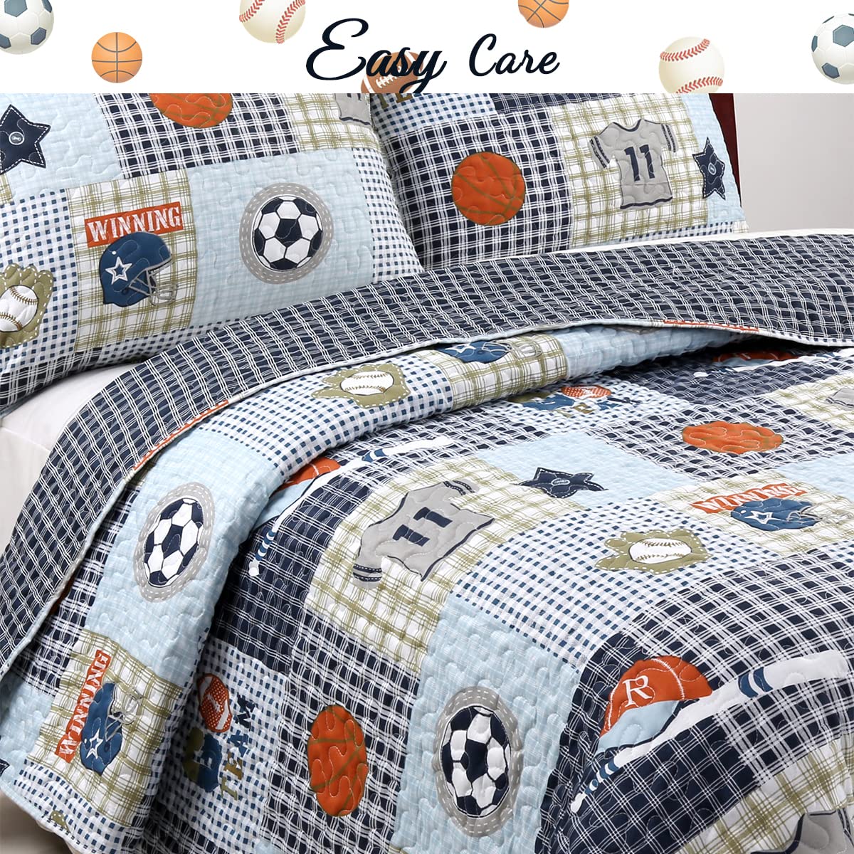 Cozy Line Blue Sports Quilt showing soccer and football designs for active kids.