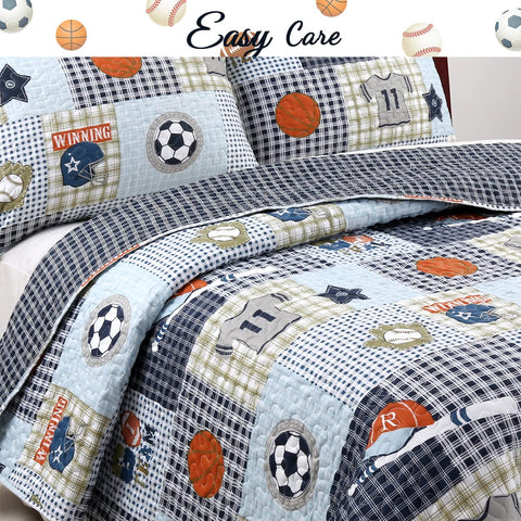Cozy Line Blue Sports Quilt showing soccer and football designs for active kids.