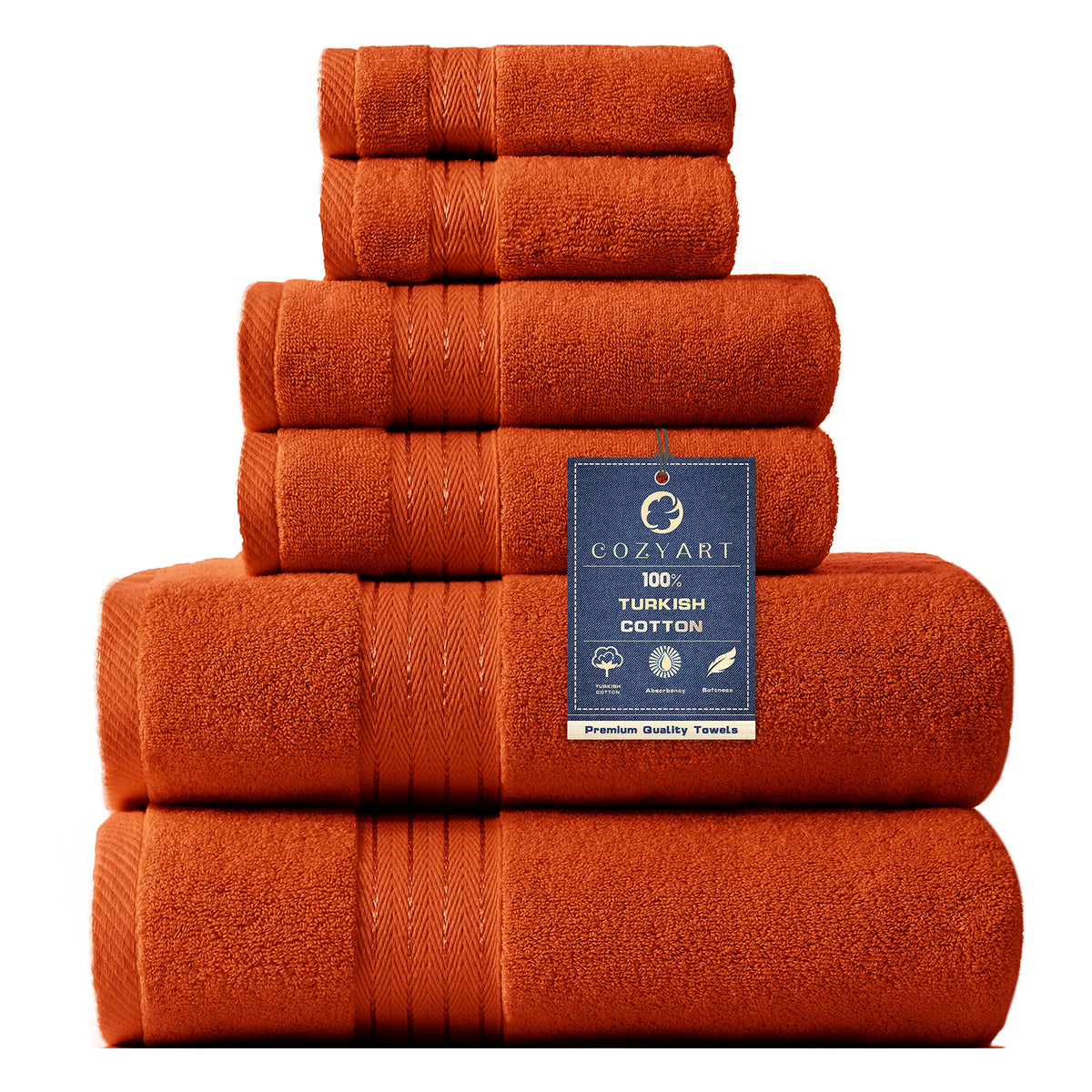COZYART Burnt Orange towel set packshot with plush Turkish cotton feel.
