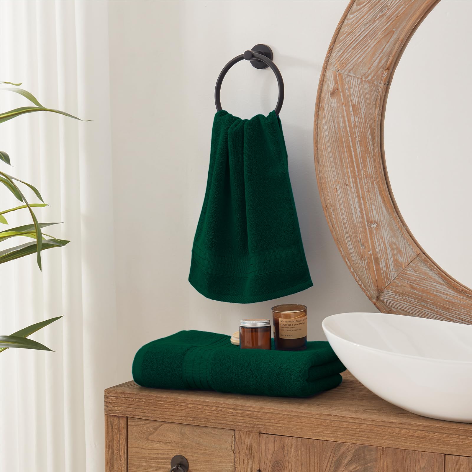 COZYART dark green bathroom decor neatly arranged towels for spa-like ambiance