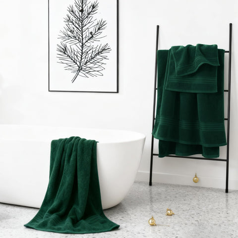 COZYART dark green towel close-up fabric detail, durable plush texture for daily routines