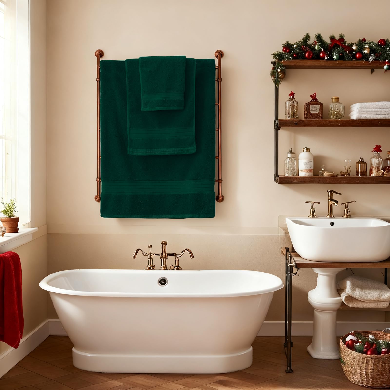 COZYART dark green towel set packaging clear care info for easy maintenance