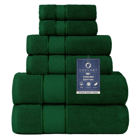 COZYART Formal Green six-piece towel set laid flat showing plush absorbency and hotel-grade softness.