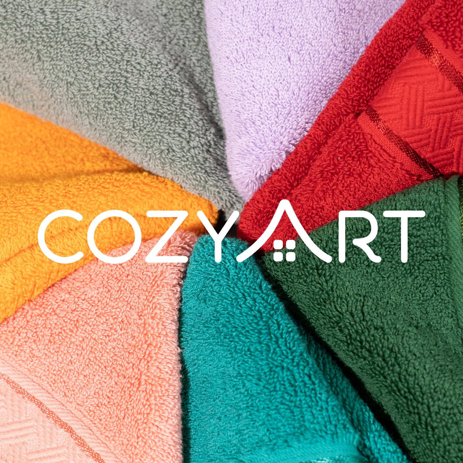 COZYART Formal Green towel set tag close detail emphasizing quality stitching.