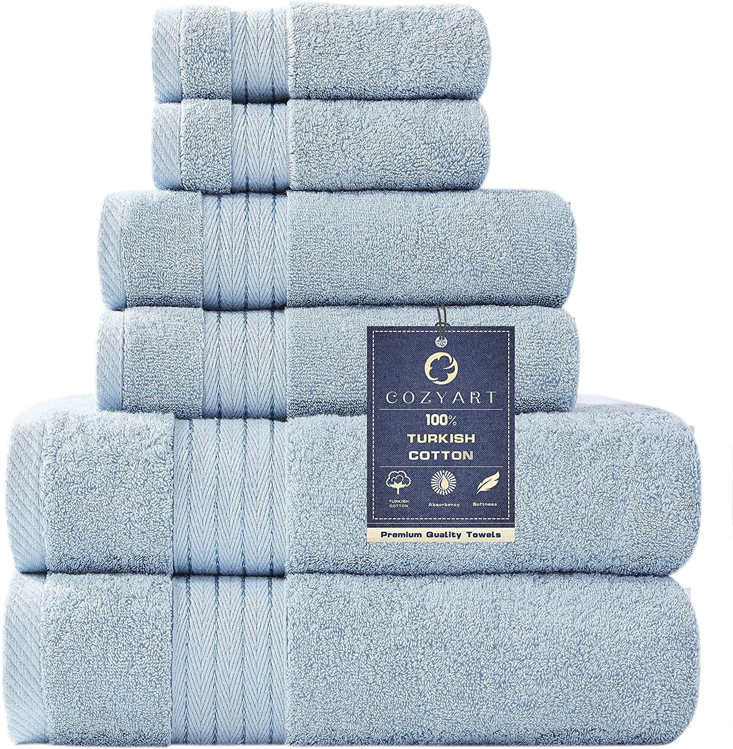 COZYART light blue towel set shown in a bathroom, spa-inspired and quick-dry.