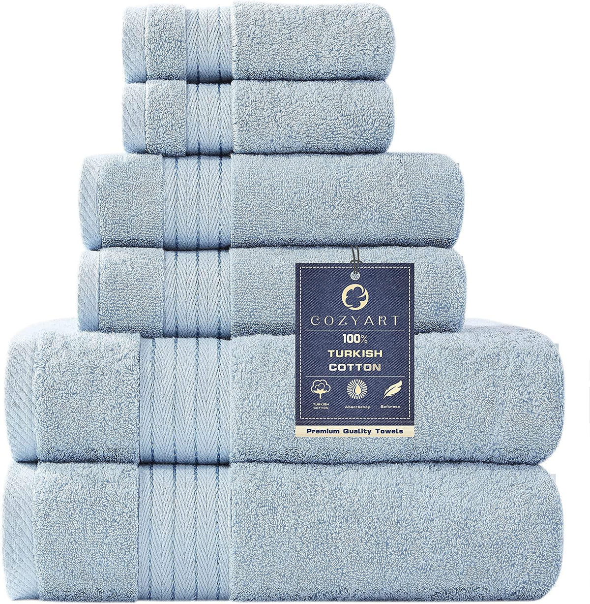 COZYART light blue towel set shown in a bathroom, spa-inspired and quick-dry.