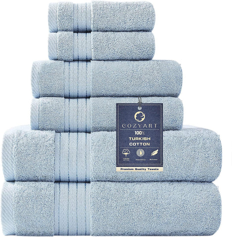 COZYART light blue towel set shown in a bathroom, spa-inspired and quick-dry.