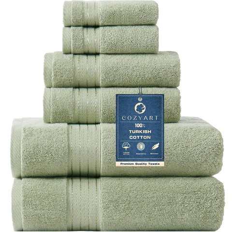 COZYART sage-green bath towel set in spa bathroom, ultra-soft and absorbent.