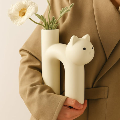 CozyKoala cat vase with flowers on a shelf