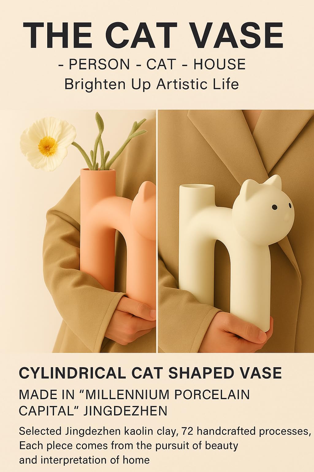 CozyKoala cat vase silhouette cream decor for desks