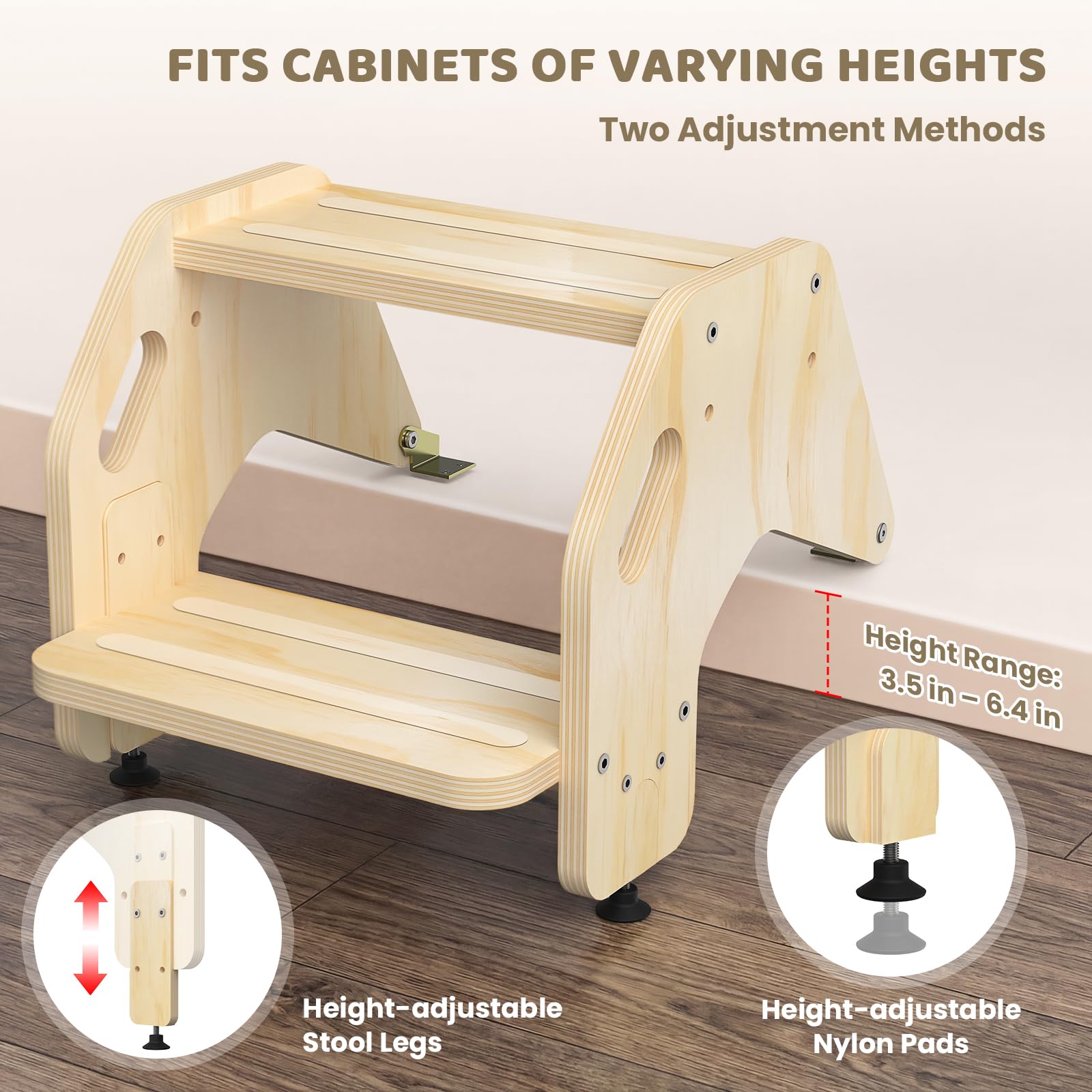 CozyLazy foldable toddler stool tucked under counter, showing space-saving storage