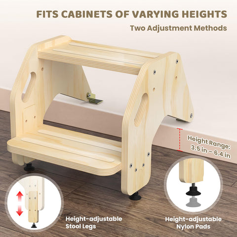 CozyLazy foldable toddler stool tucked under counter, showing space-saving storage