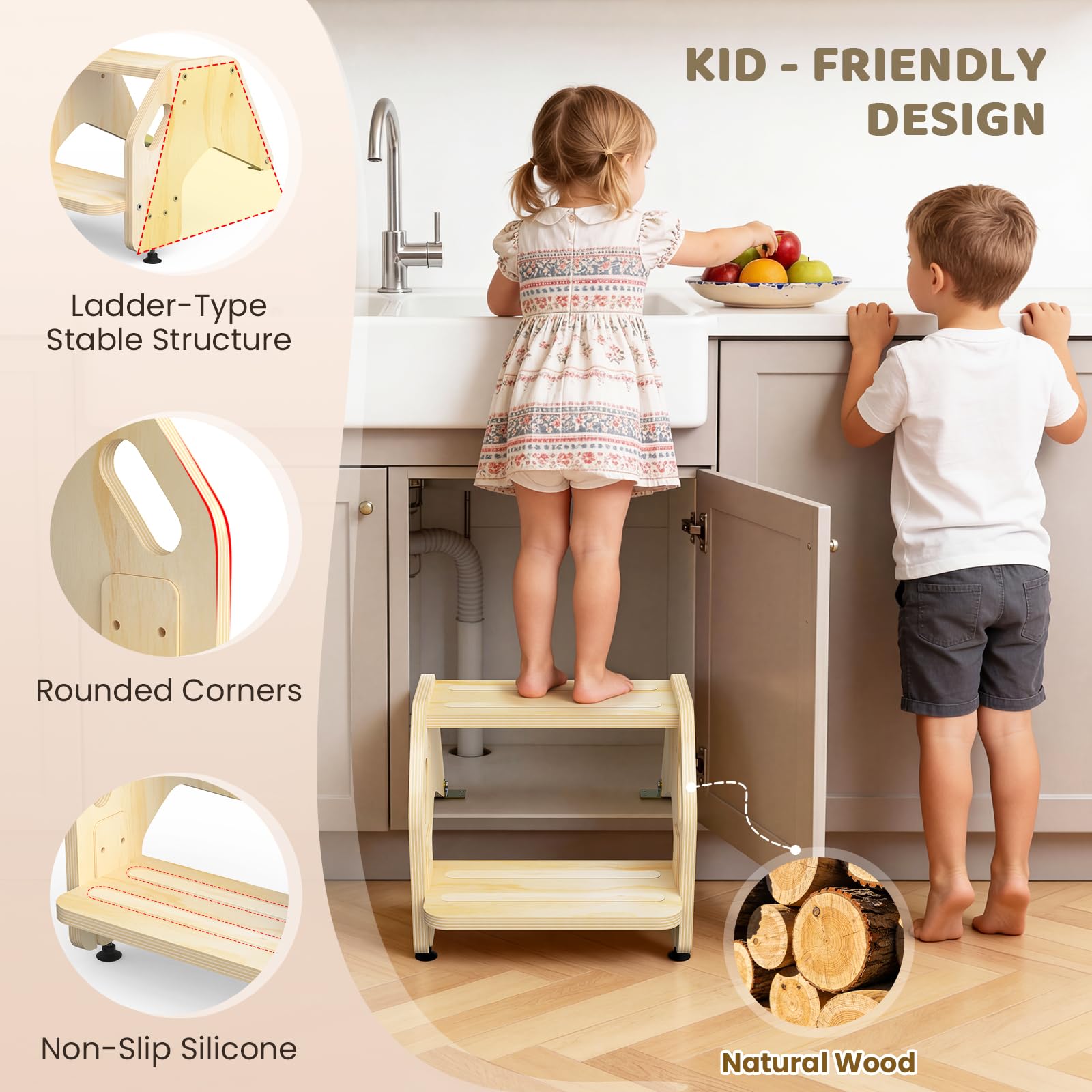 CozyLazy height-adjustable 2-step stool in use at sink supports growing kids safely