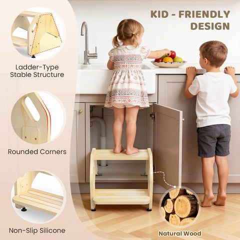 CozyLazy height-adjustable 2-step stool in use at sink supports growing kids safely