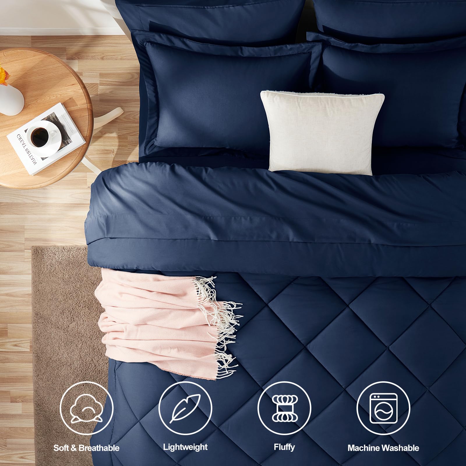 CozyLux bed-in-a-bag navy packaging vacuum shows convenient all-in-one setup.
