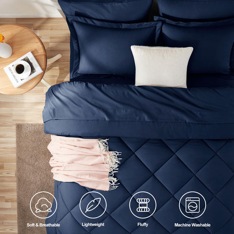 CozyLux bed-in-a-bag navy packaging vacuum shows convenient all-in-one setup.