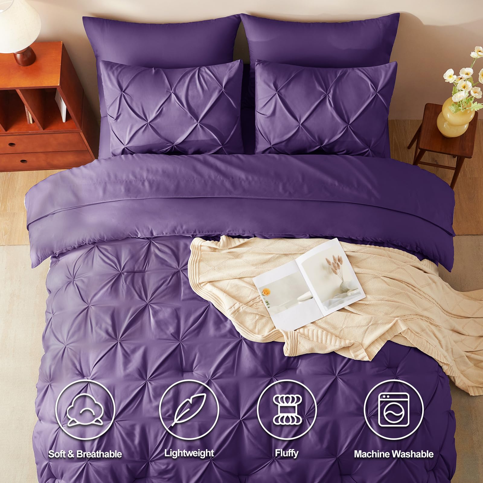 CozyLux bed in a bag contents layout showing sheets and shams for quick refresh