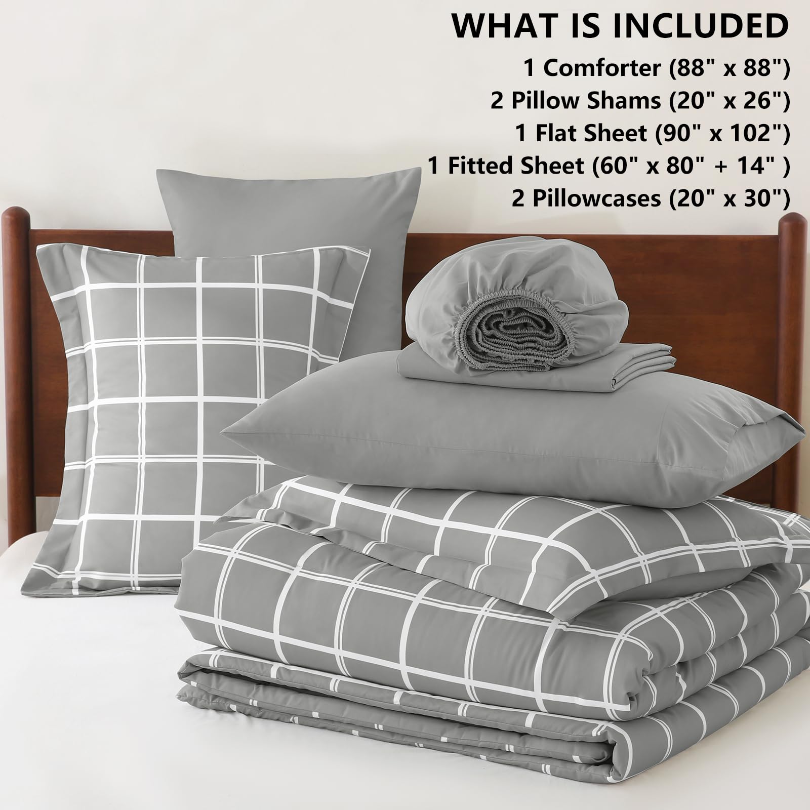 CozyLux plaid-grey bed-in-a-bag setup in a modern bedroom