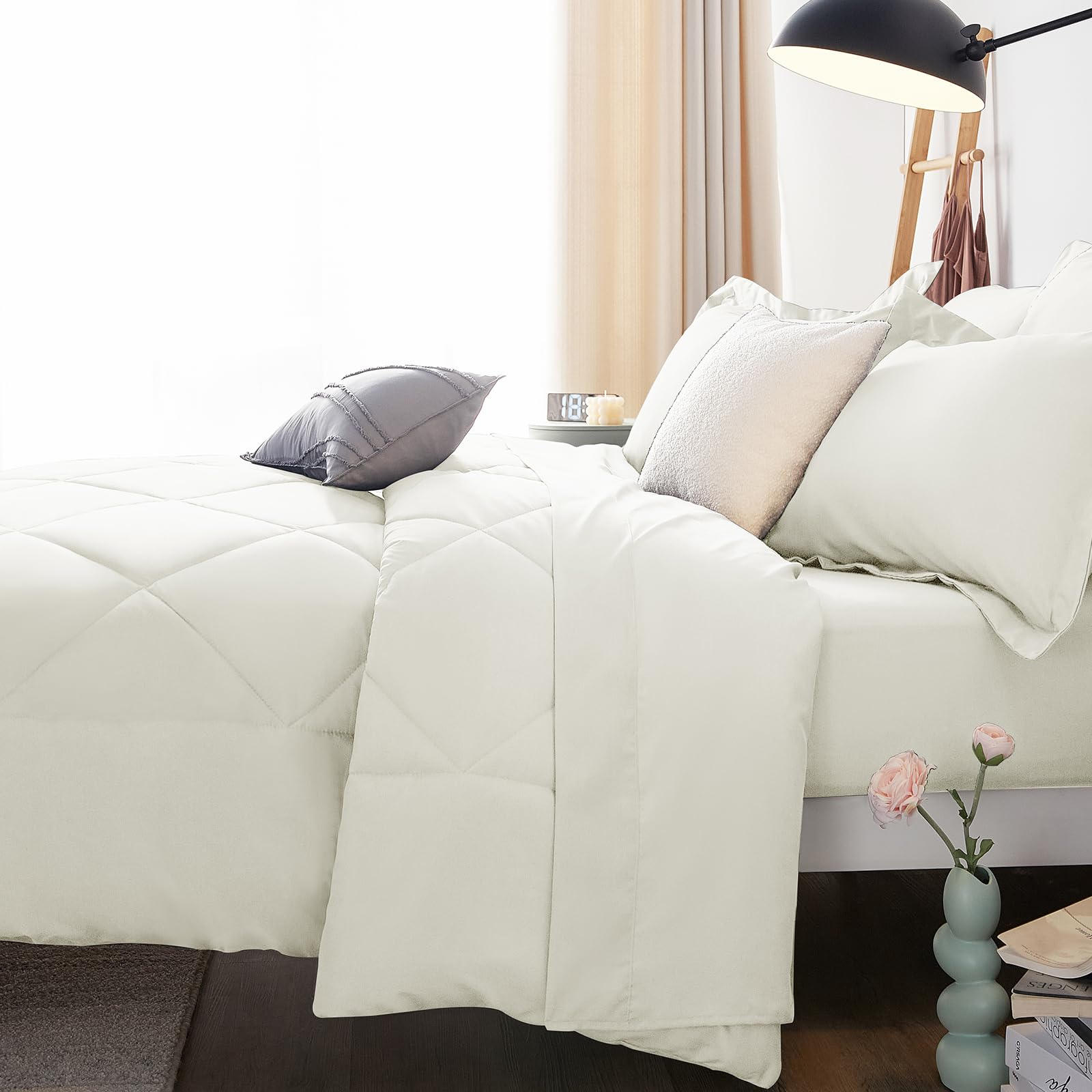 CozyLux ivory bedroom scene showcasing a complete bed-in-a-bag setup.
