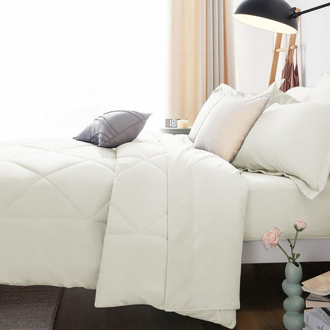 CozyLux ivory bedroom scene showcasing a complete bed-in-a-bag setup.