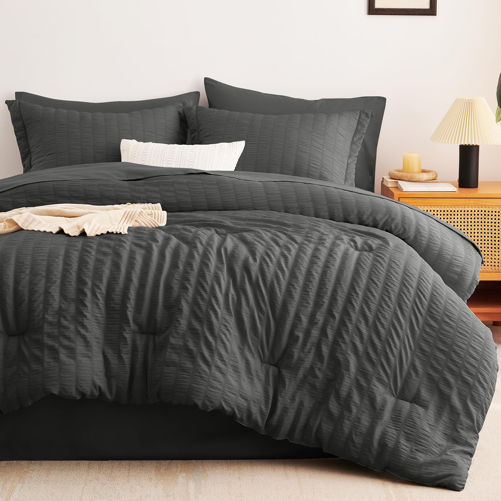 CozyLux bedroom setup in dark grey seersucker for a modern, inviting sleep space.