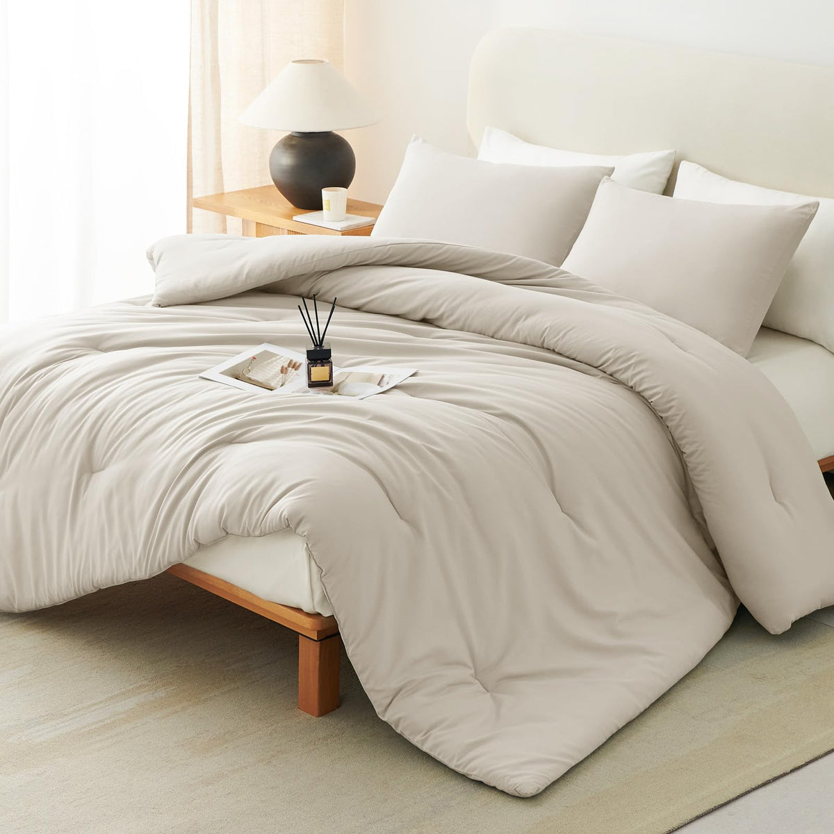CozyLux beige queen comforter set on bed for all-season comfort.