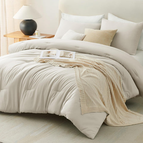 CozyLux beige queen comforter set in a cozy boho bedroom.