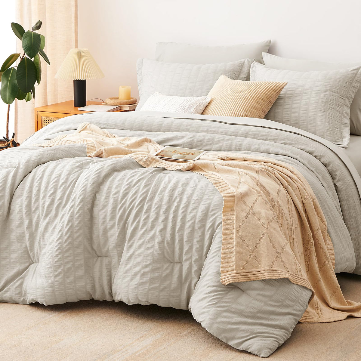 CozyLux beige seersucker oversized king comforter set front view shows textured feel.