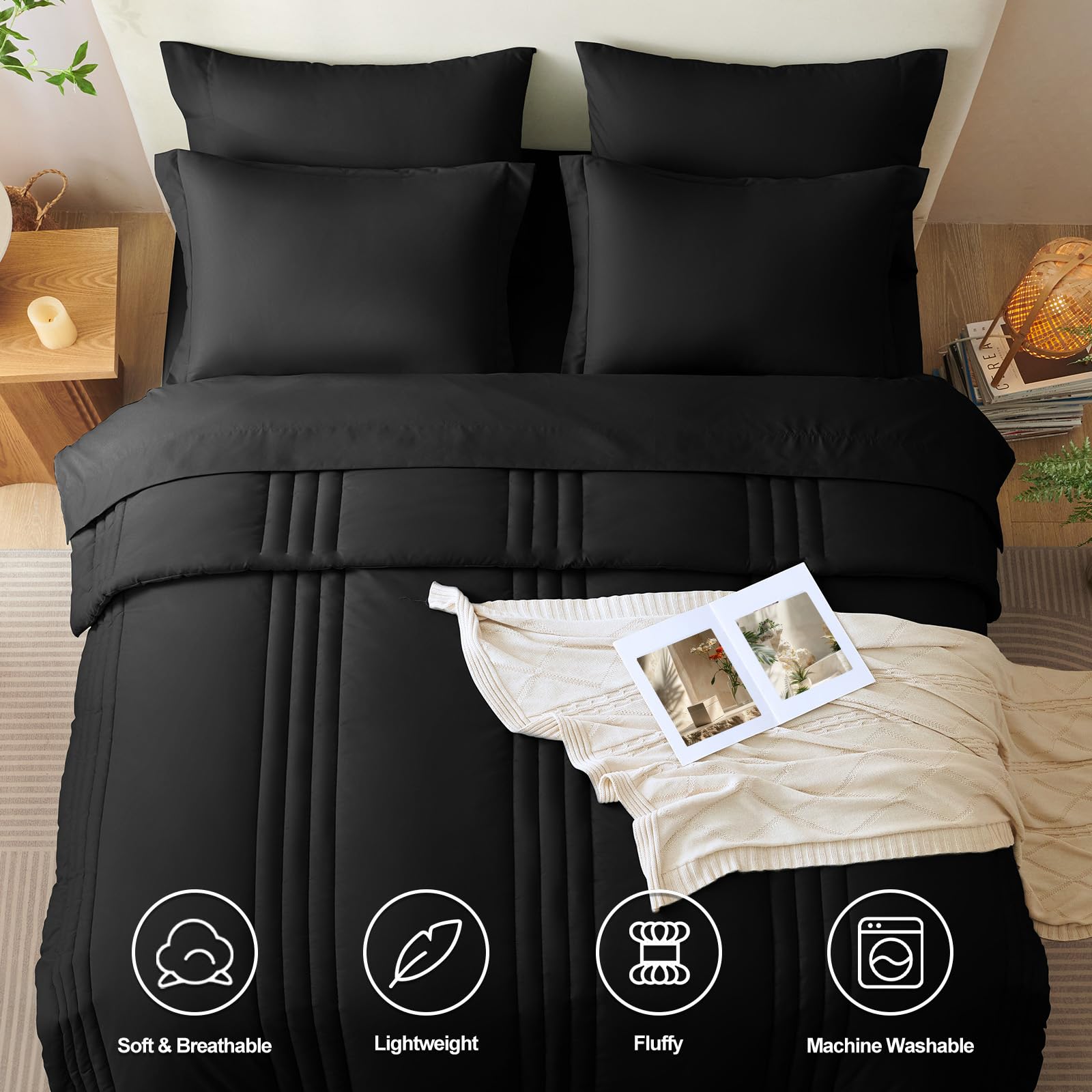 CozyLux black-striped comforter design adds simple, modern style.