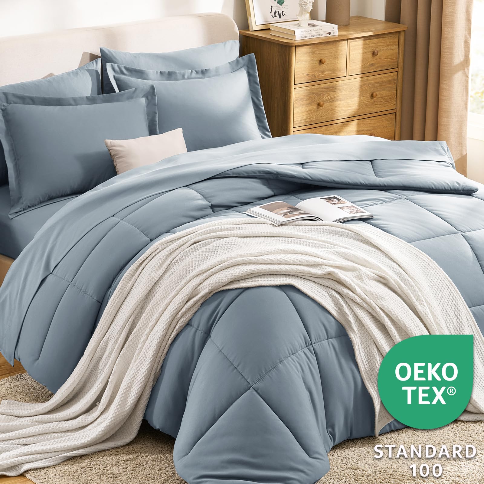 Box-stitch detail on the CozyLux comforter maintains even fill for a tidy look.