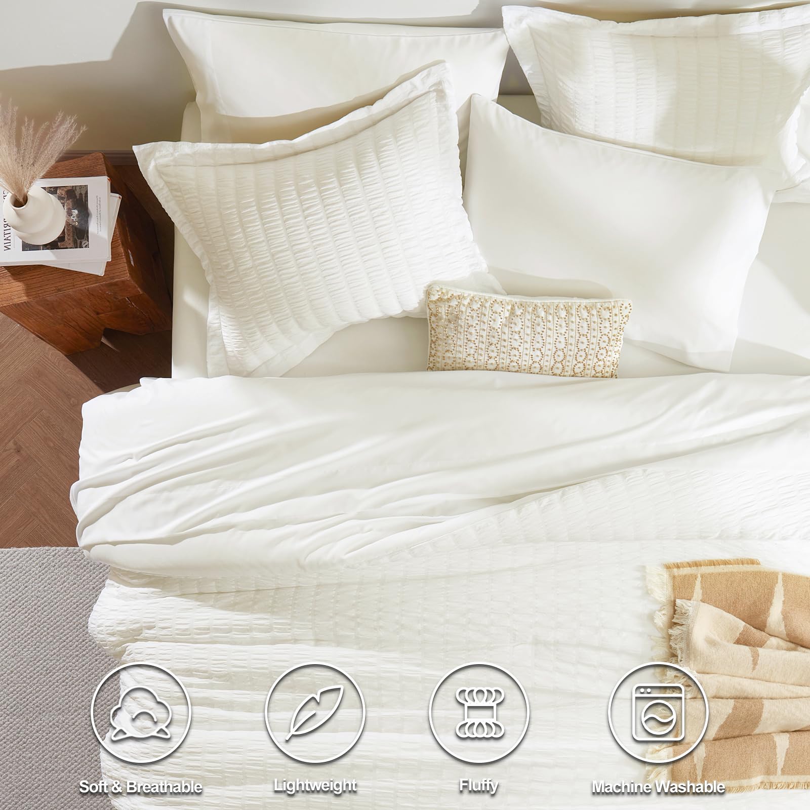 CozyLux comforter front texture in ivory adds visual depth and softness.