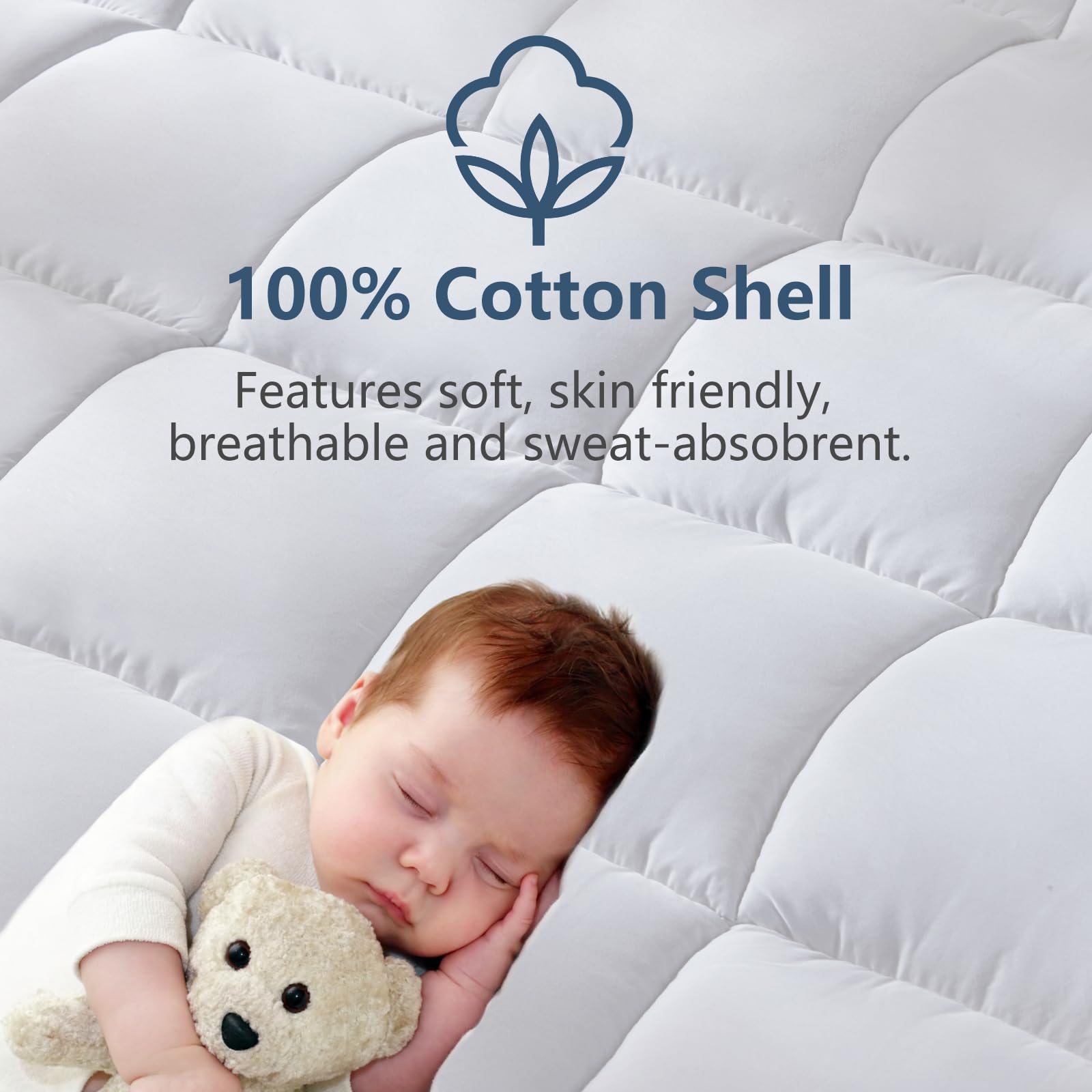 CozyLux Cotton top with down-alternative fill provides breathable softness.