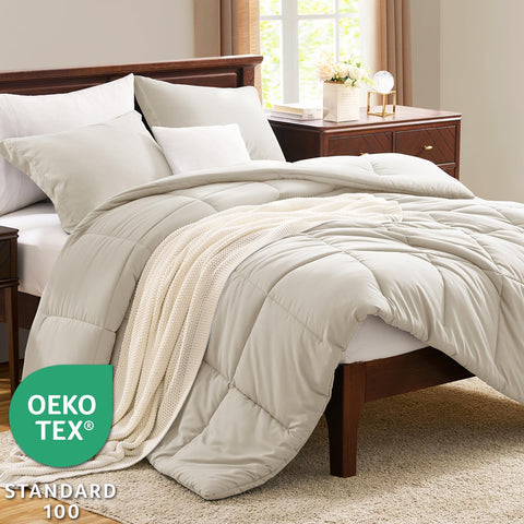 CozyLux CozyQueen beige all-season set offers lightweight warmth for year-round use.