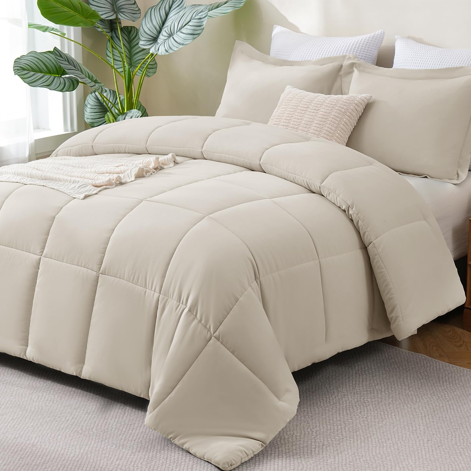 CozyLux CozyQueen beige box stitching keeps fill evenly distributed for lasting comfort.