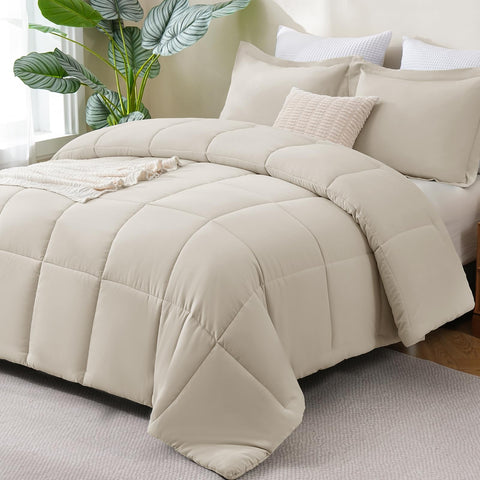 CozyLux CozyQueen beige box stitching keeps fill evenly distributed for lasting comfort.