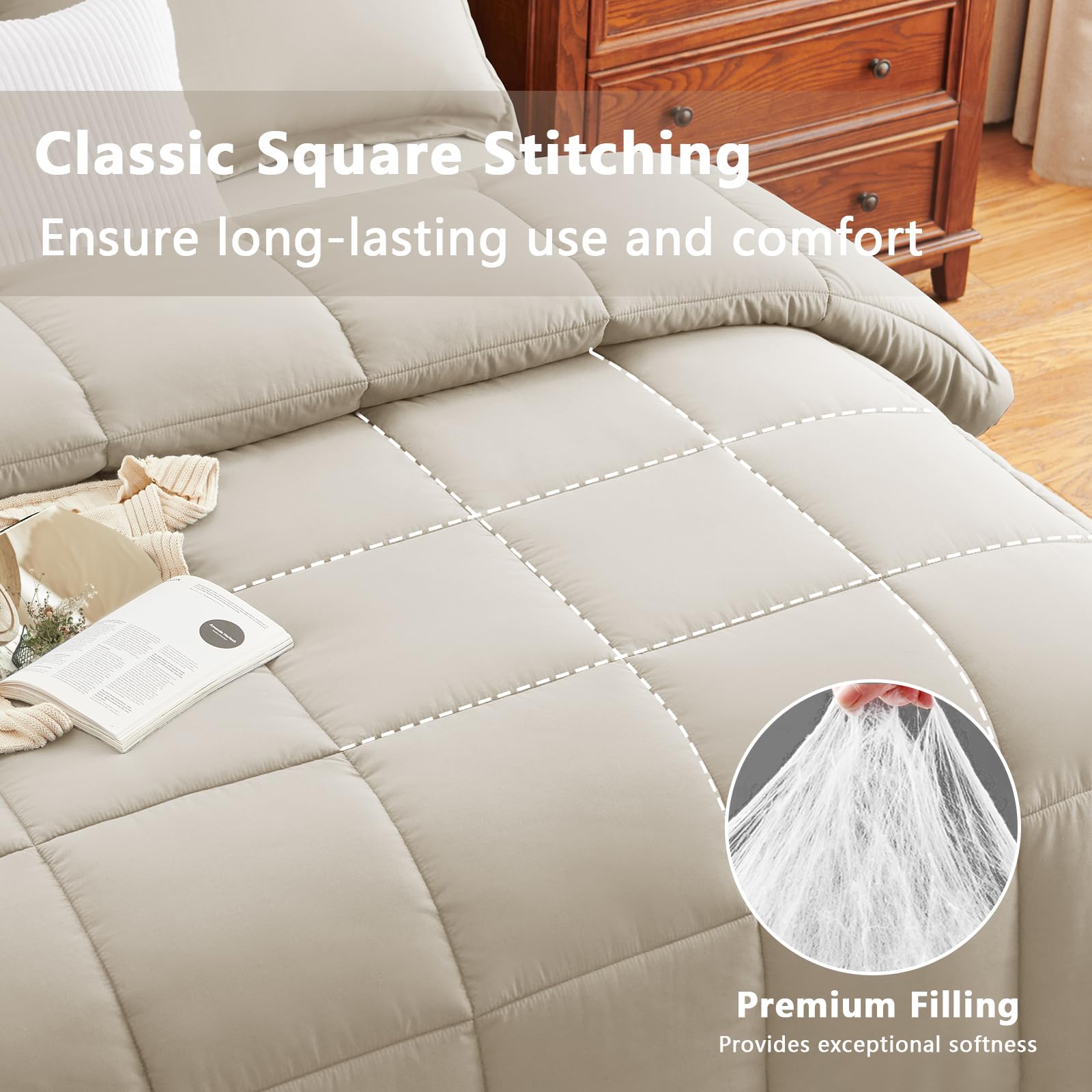 CozyLux CozyQueen beige grid quilting adds modern style and keeps the fill in place.