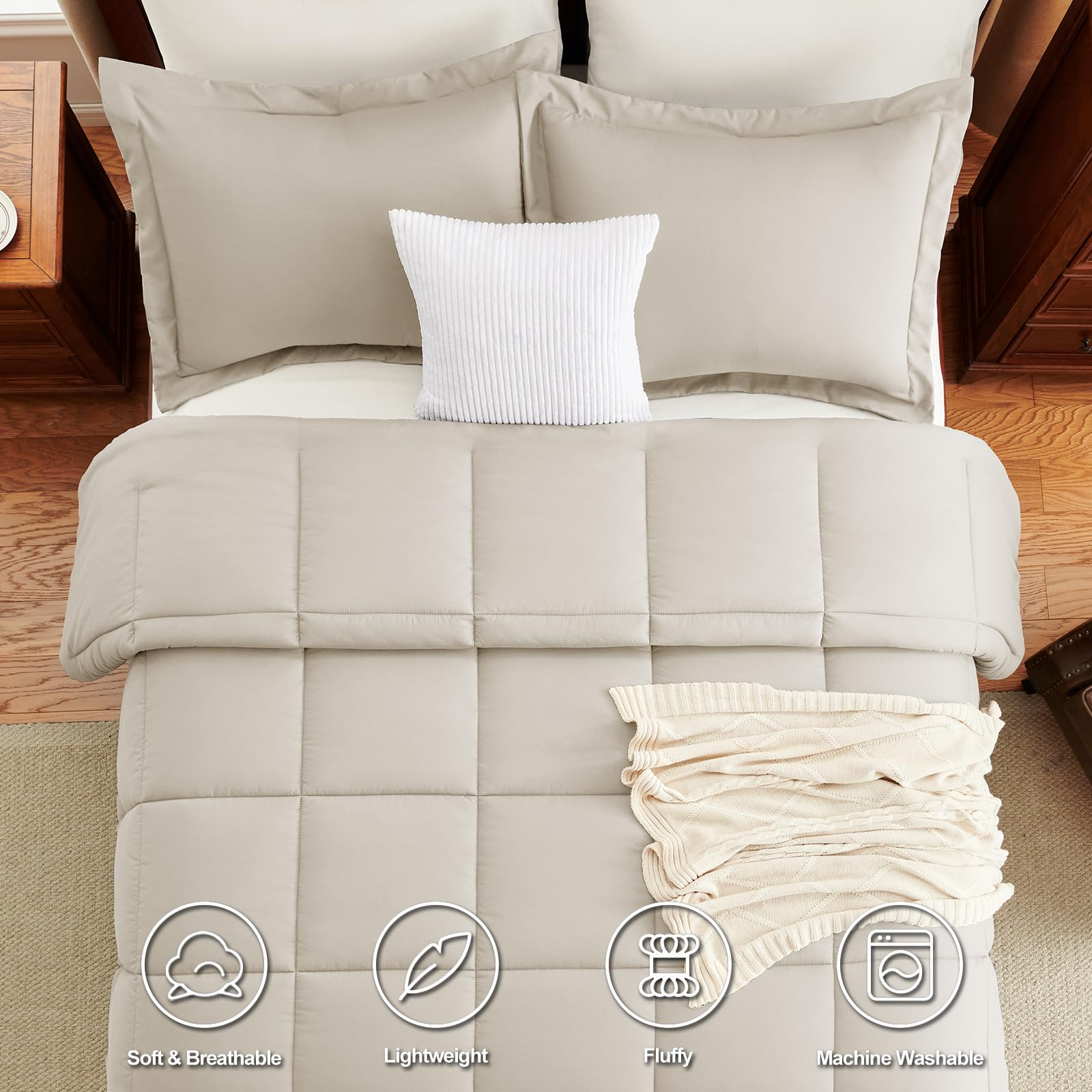 CozyLux Down-alternative comforter beige provides soft, breathable warmth.