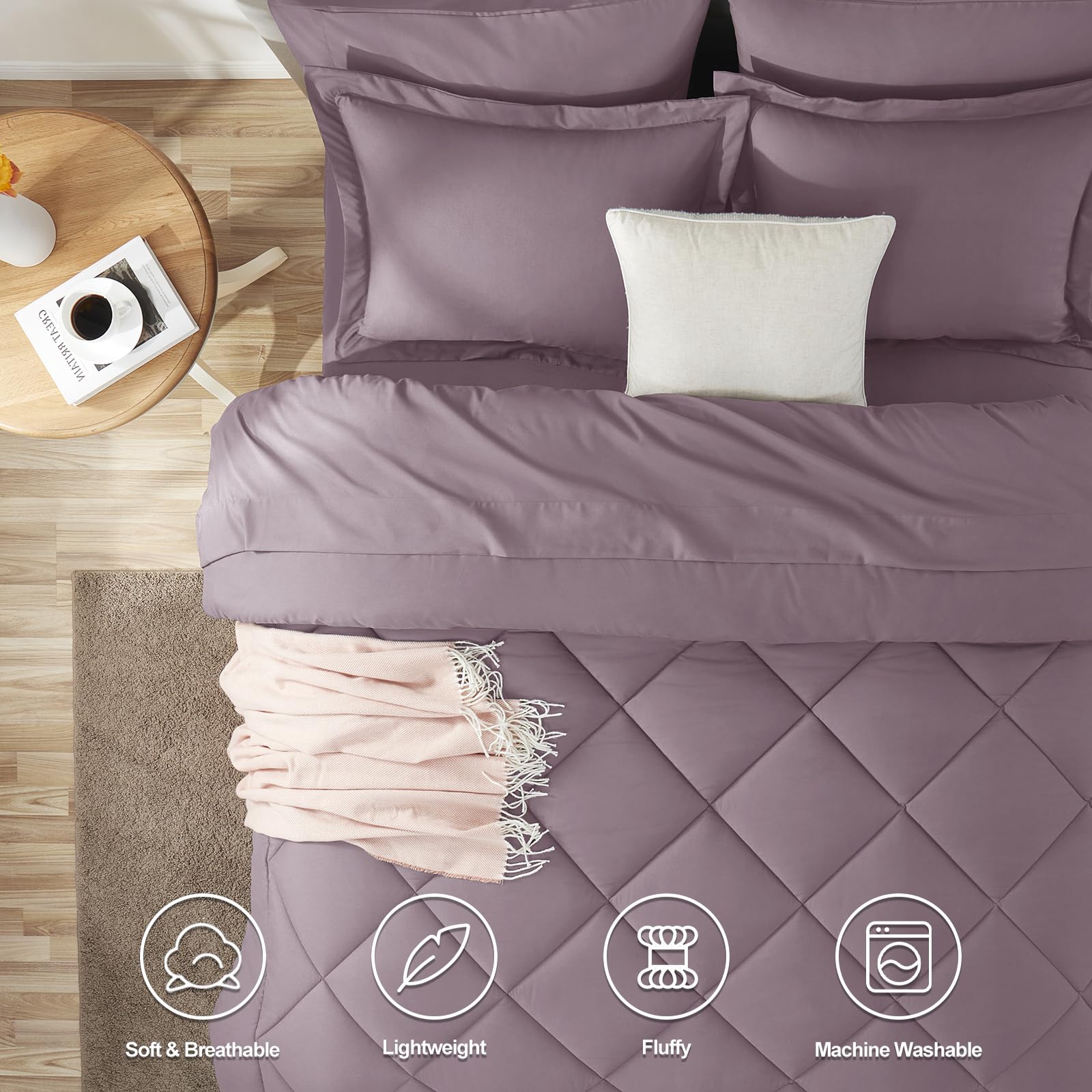 CozyLux dusty purple bed-in-a-bag close-up highlighting down-alternative fill and texture